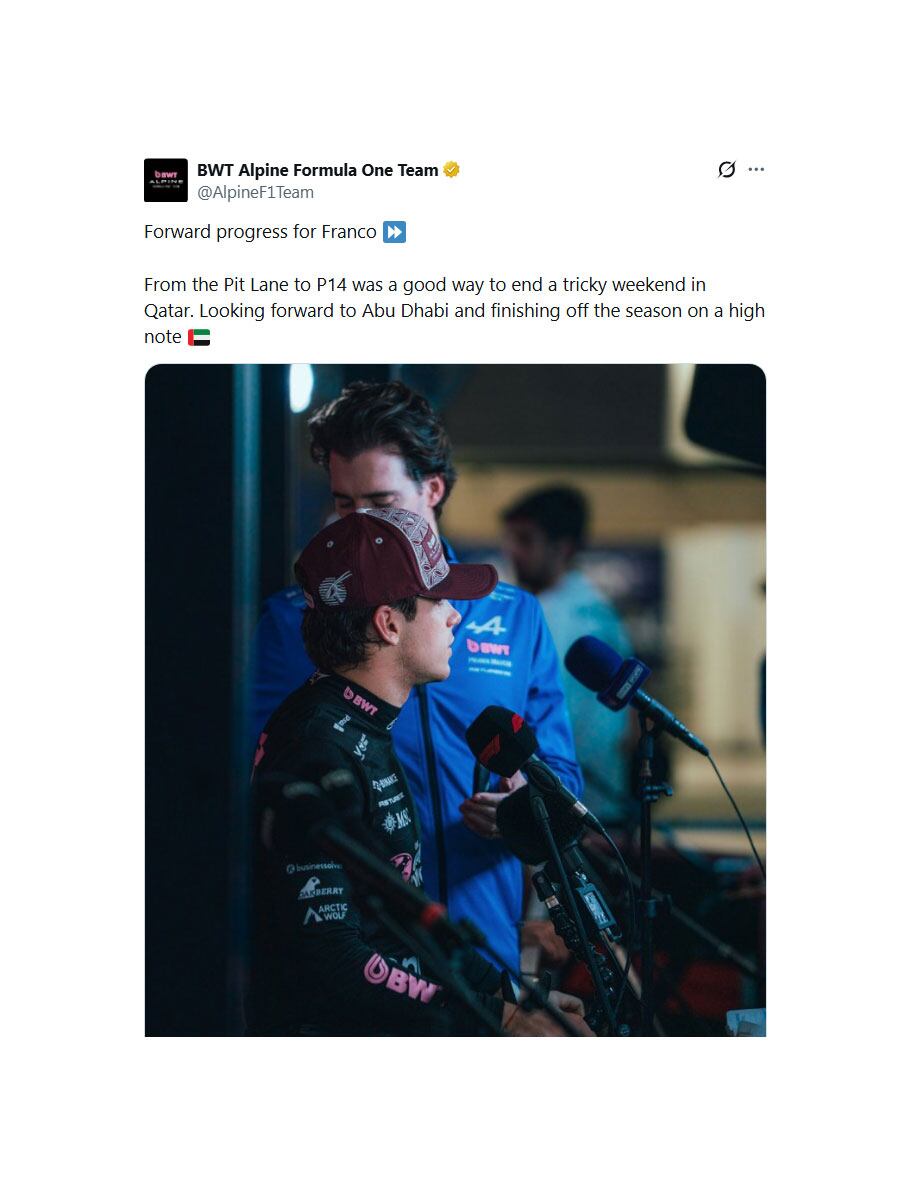 El contundente elogio de Alpine a Colapinto por su actuación en el Gran Premio de Qatar