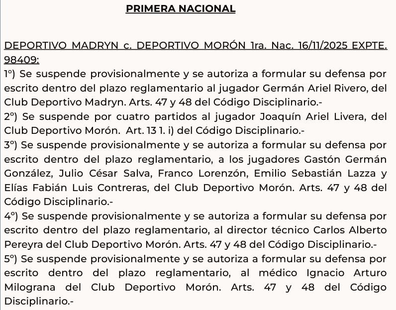 El Tribunal de Disciplina de la AFA dio a conocer el fallo tras la batalla campal en Deportivo Madryn-Morón: los nueve suspendidos